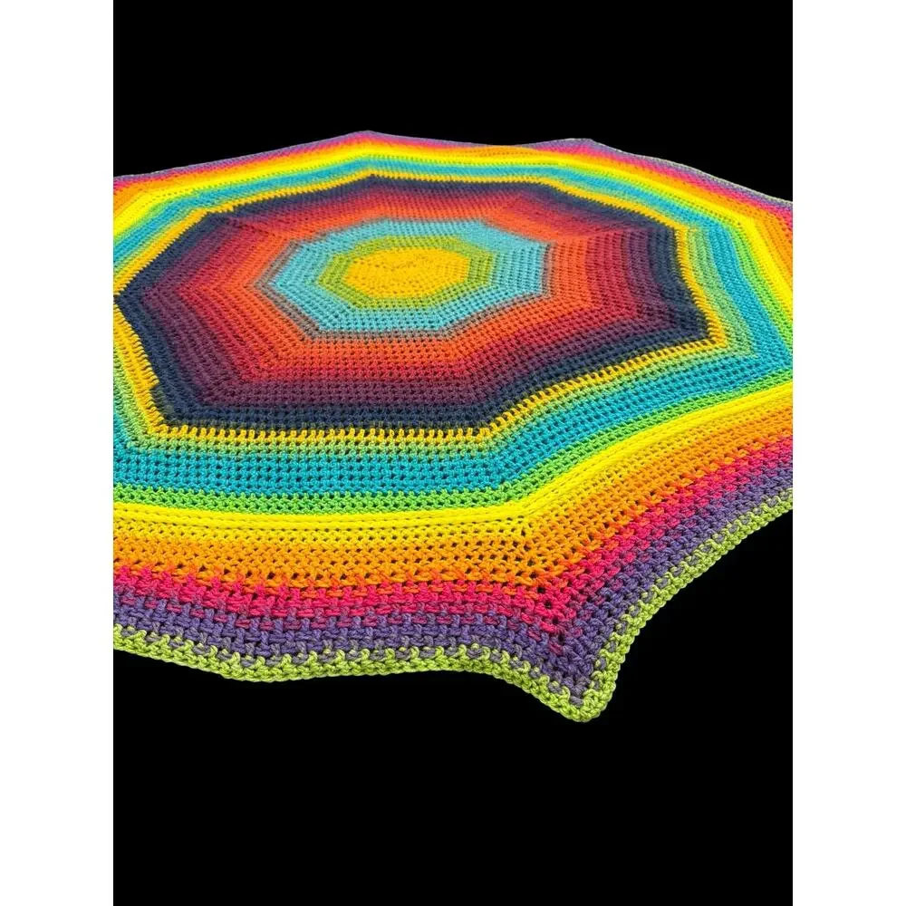 Handmade Rainbow Crochet Afghan 55 Inch Eight Point Star Spiderweb Throw
